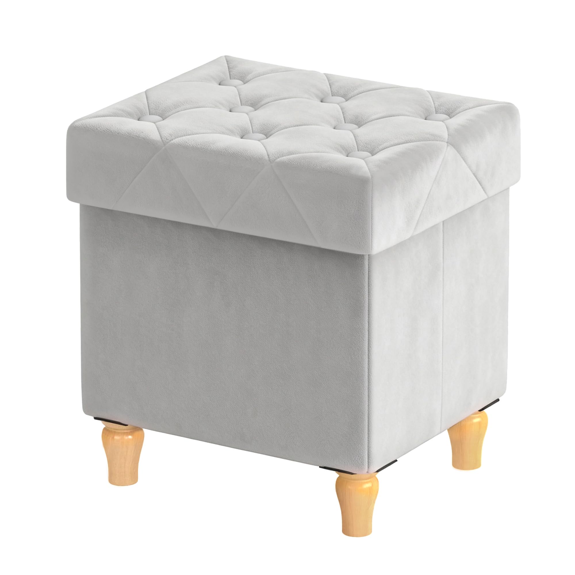CAROLMADE Folding Storage Ottoman Cube Velvet Footstool with Wood Legs Ottoman Footrest for Living Room and Bedroom, Grey 15"x12.6"x15.4”