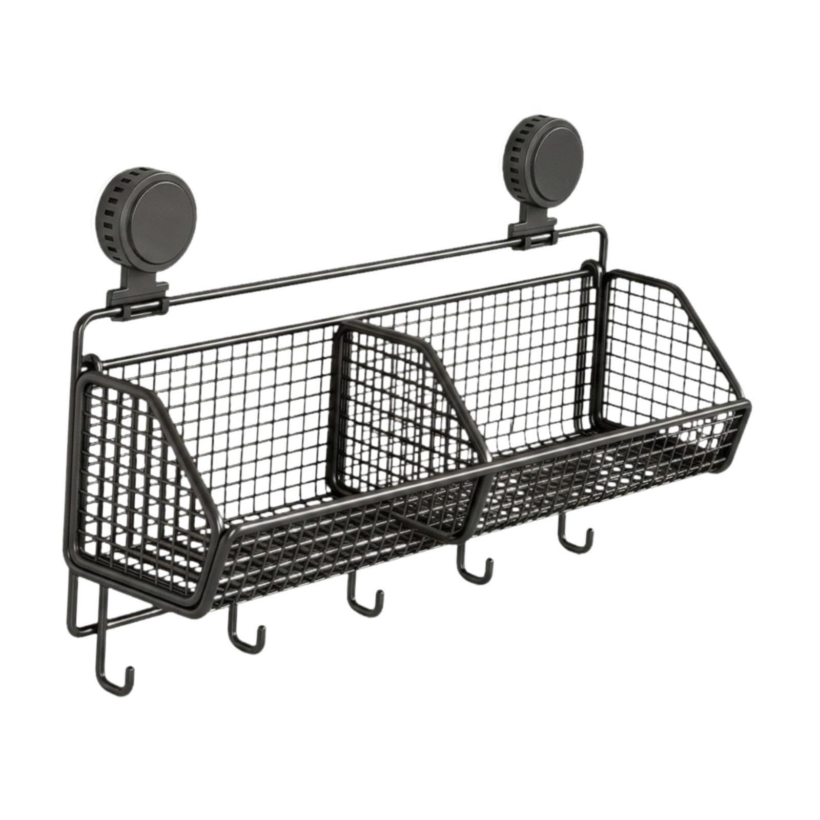 Qianly Cestino Portaoggetti Sospeso in Filo Metallico, Mensola per Doccia con Ventosa, Organizer da Bagno per Shampoo, Gancio Nero a 2 Griglie