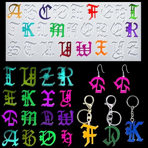 Miniatura 9 de Zayookey Molde de letras góticas para resina epoxi, llavero de alfabeto de lujo, molde de silicona, molde de fundición de resina para aretes,