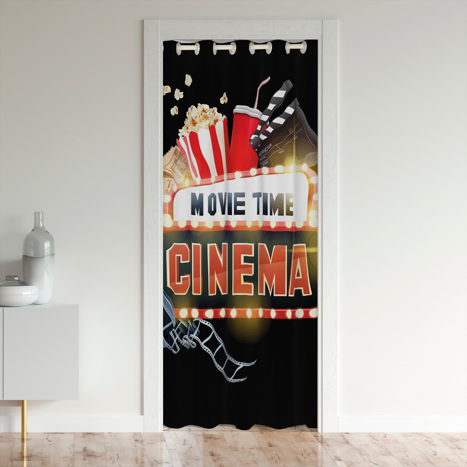 Rideau de porte cinéma 86x203cm occultant à motif popcorn rouge et noir Homewish