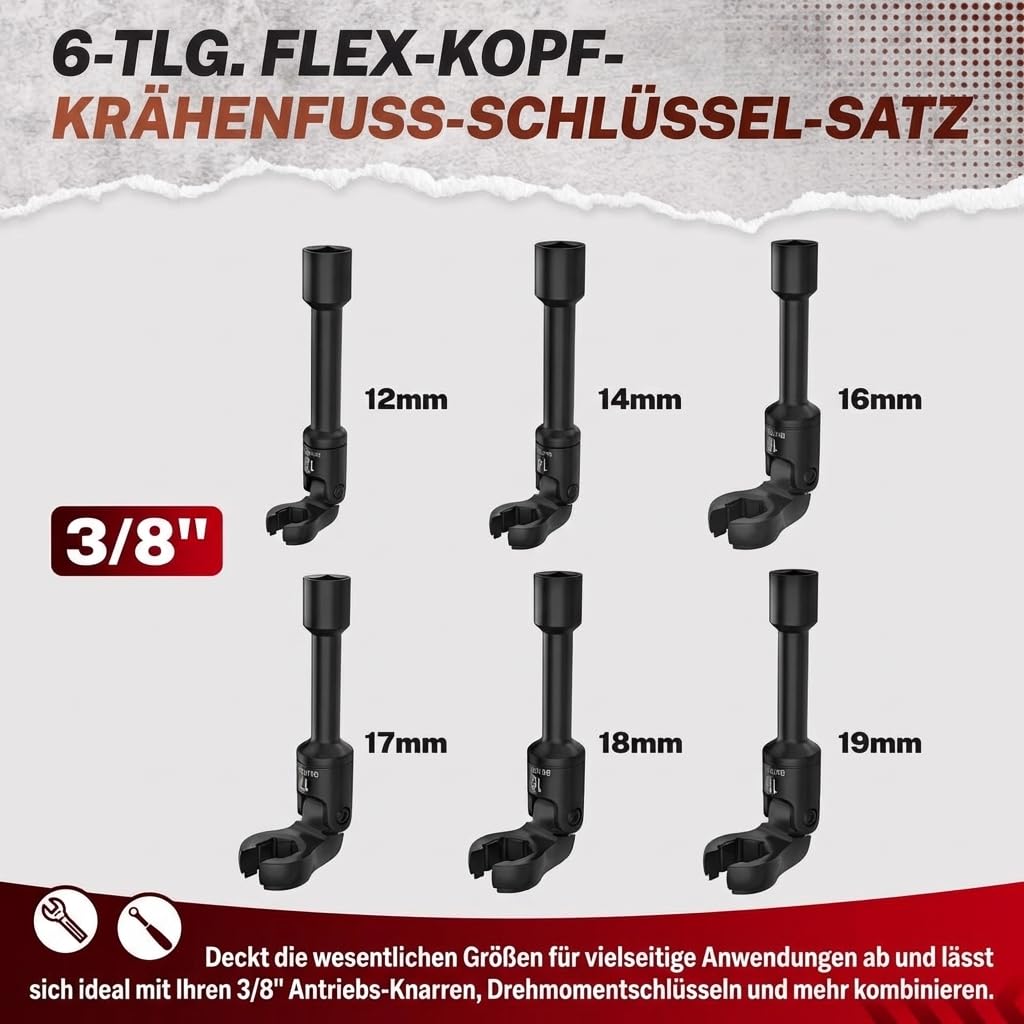 BILITOOLS Leitungsschlüssel Satz 3/8 Zoll 6-tlg mit Gelenk 12-19 mm