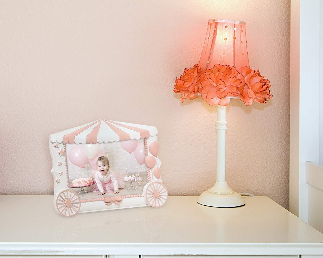 Isaac Jacobs 4” x 6” Resin Sentiments Baby Picture Frame, Horizontal Keepsake Photo Frame with Easel and Hanging Tabs for Tabletop, Desktop & Wall Display (White with Pink)