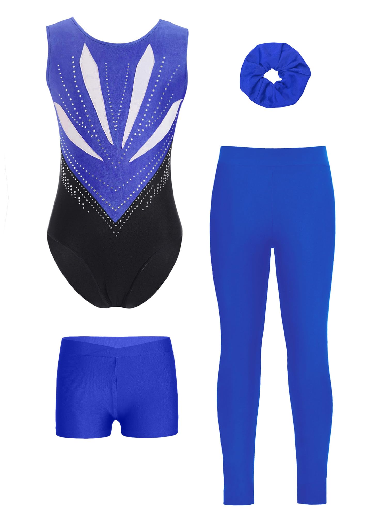 Miutii 3 stuks meisjes turnpakje glitter gymnastiekpak mouwloos gymnastiek leotard sportbeha tops shorts turnpakje gymnastiekkleding, A Royal Blauw, 158-164
