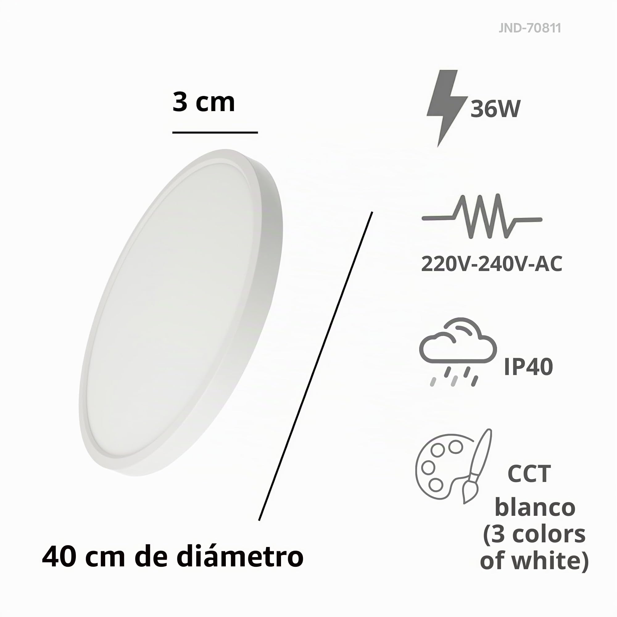 Jandei - Plafón LED 36W CCT, 40cm diámetro, marco blanco. Tricolor 3000K-4200K-6000K. Perfecto para Dormitorio, Salón, Cocina, Hogar, Negocio.