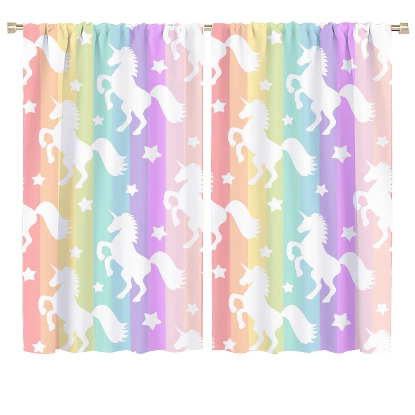 Rainbow Curtains for Living Room, Colorful Rainbow Unicorns & Stars Stripes Decor Window Treatments Kids Baby Girls Bedroom Curtain,Fantasy Style Home Decor Blackout Drapes 2 Panel Set W72xL63in