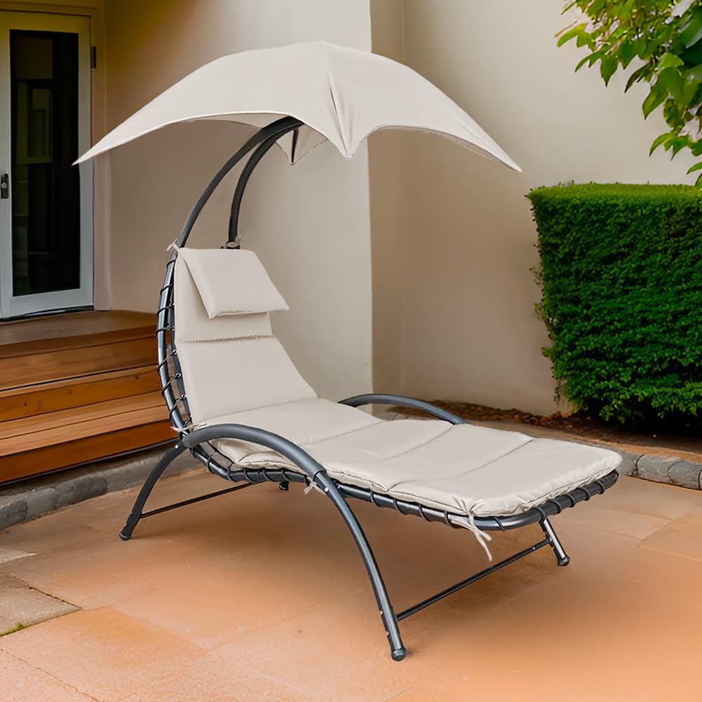 BAKAJI Lettino Sdraio Sospeso da Esterno con Cuscino Imbottito, Poltrona Amaca da Giardino Curva, Seduta Ergonomica e Ombrellone Parasole, Ideale per Patio, Balcone, Terrazzo (Beige)