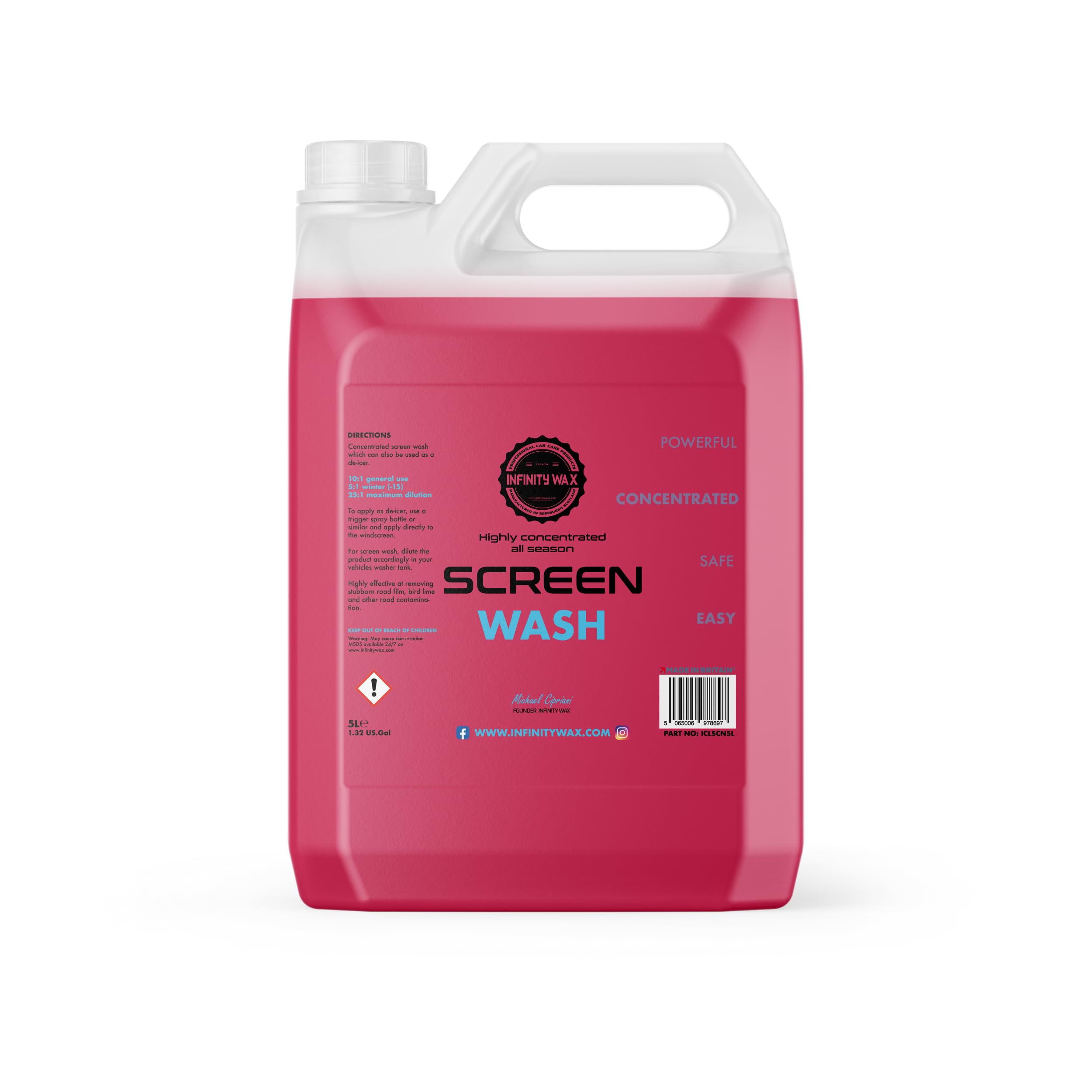 Infinity Wax 2-in-1 Screen Wash & De-Icer Concentrate 5L Powerful Winter De-Icer & All-Season Cleaner Works to -15°C, Wax & Ceramic Coating Safe