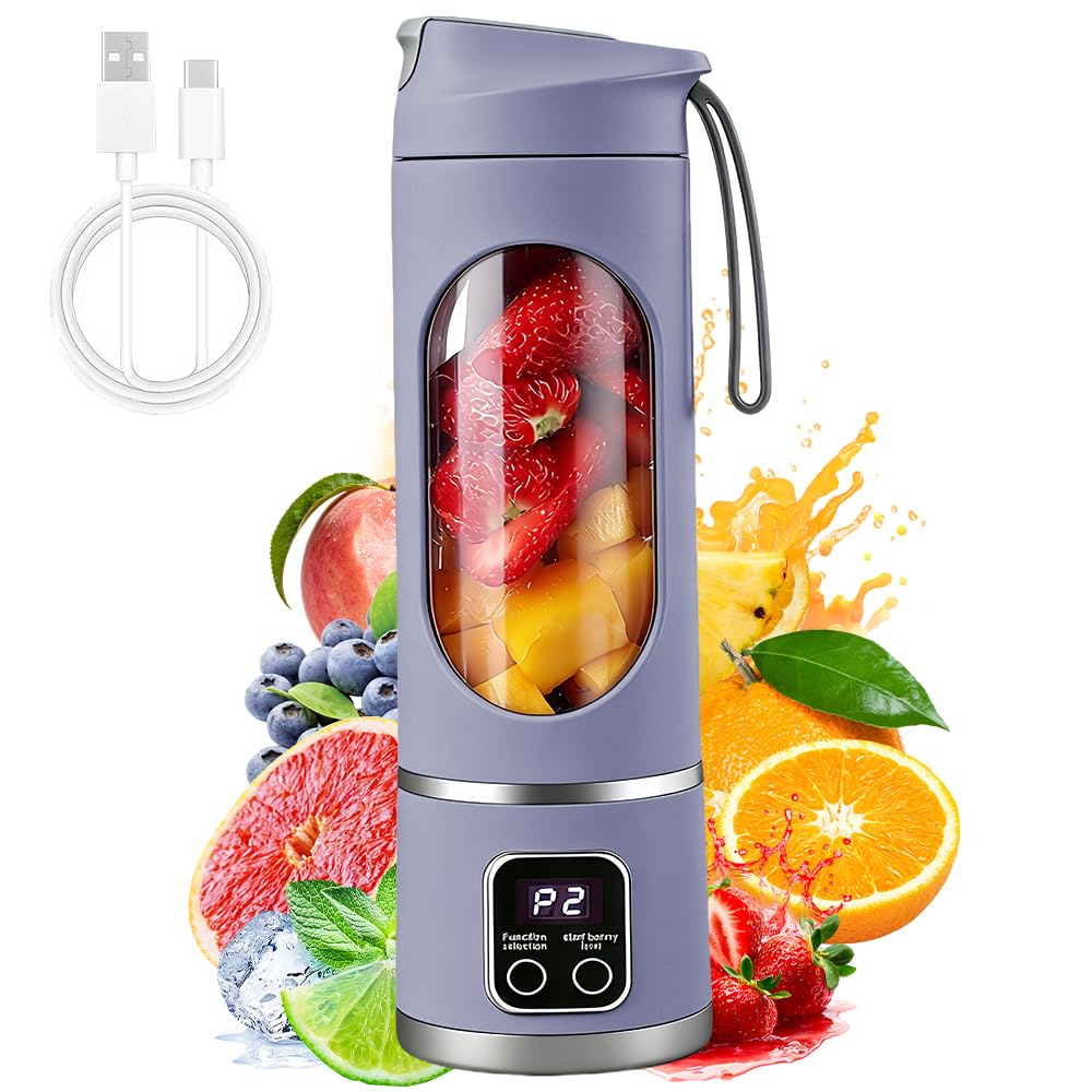 Portable Blender, 450ml USB Rechargeable Mini Bullet Blender, Portable Blender Smoothie Maker, Low Noise Personal Juicer Bottle for Fruits, Shakes, Perfect for Home, Office, School, Outdoors, Purple