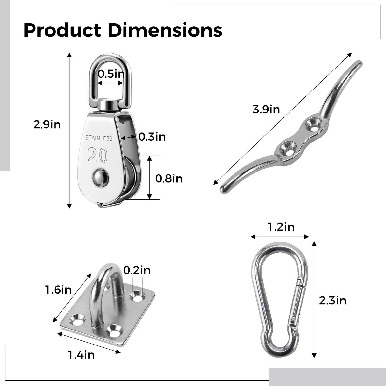 Flaschenzug-Set mit 2 Einfachrollenblöcken, Edelstahl Seilrollen 20 mm, robuste Montageplatten, Karabiner und 50 ft Seil, Hebesystem für Flaggenmast, für Montage, Lager und Werkstatt