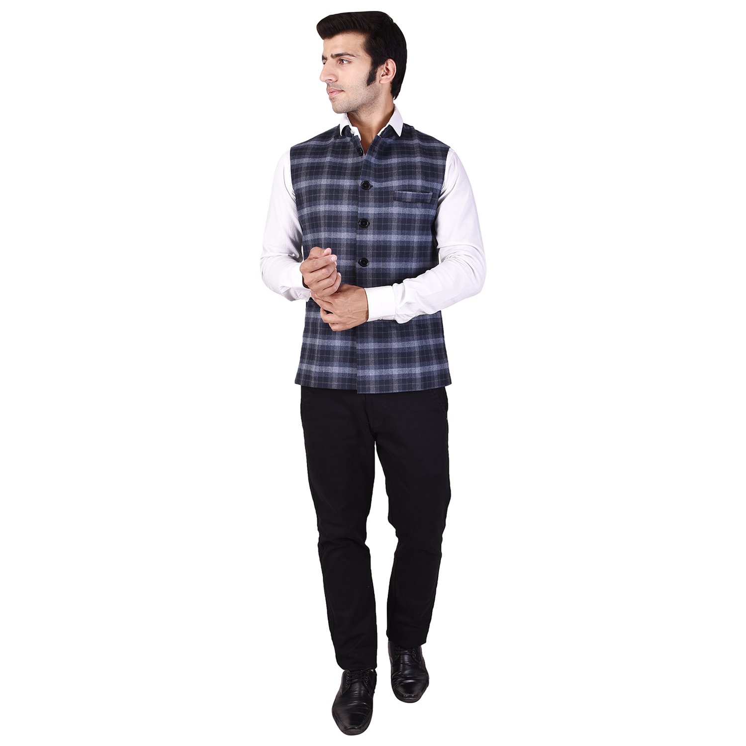 Men's Printed Blue Tweed Nehru Jacket-image-49