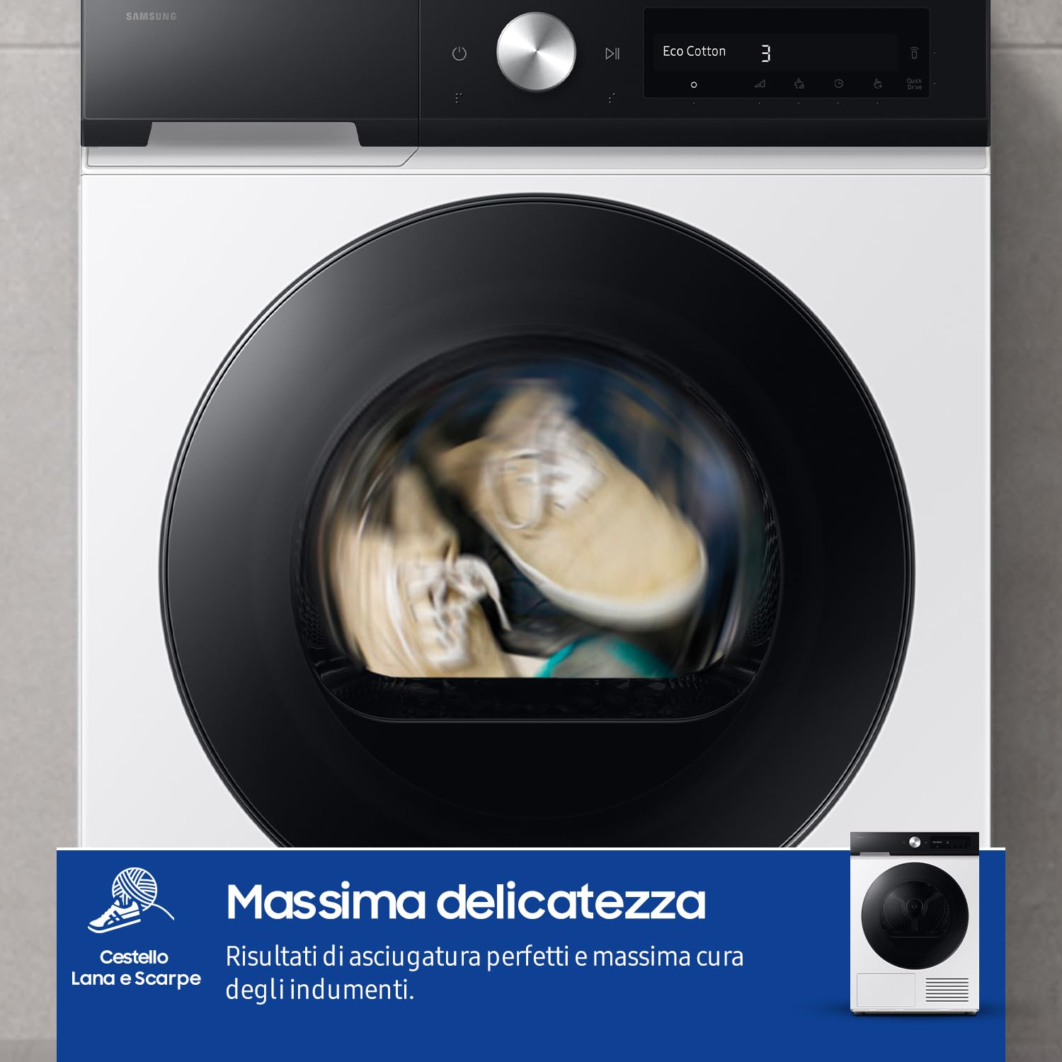 Samsung Asciugatrice Bespoke AI DV90DB7845GE/U3, 9 kg, Pompa di Calore, Wifi, QuickDrive, AI Dry, Sensore Optimal Dry, Display AI Control, Carica Frontale, 60L x 85H x 60P cm