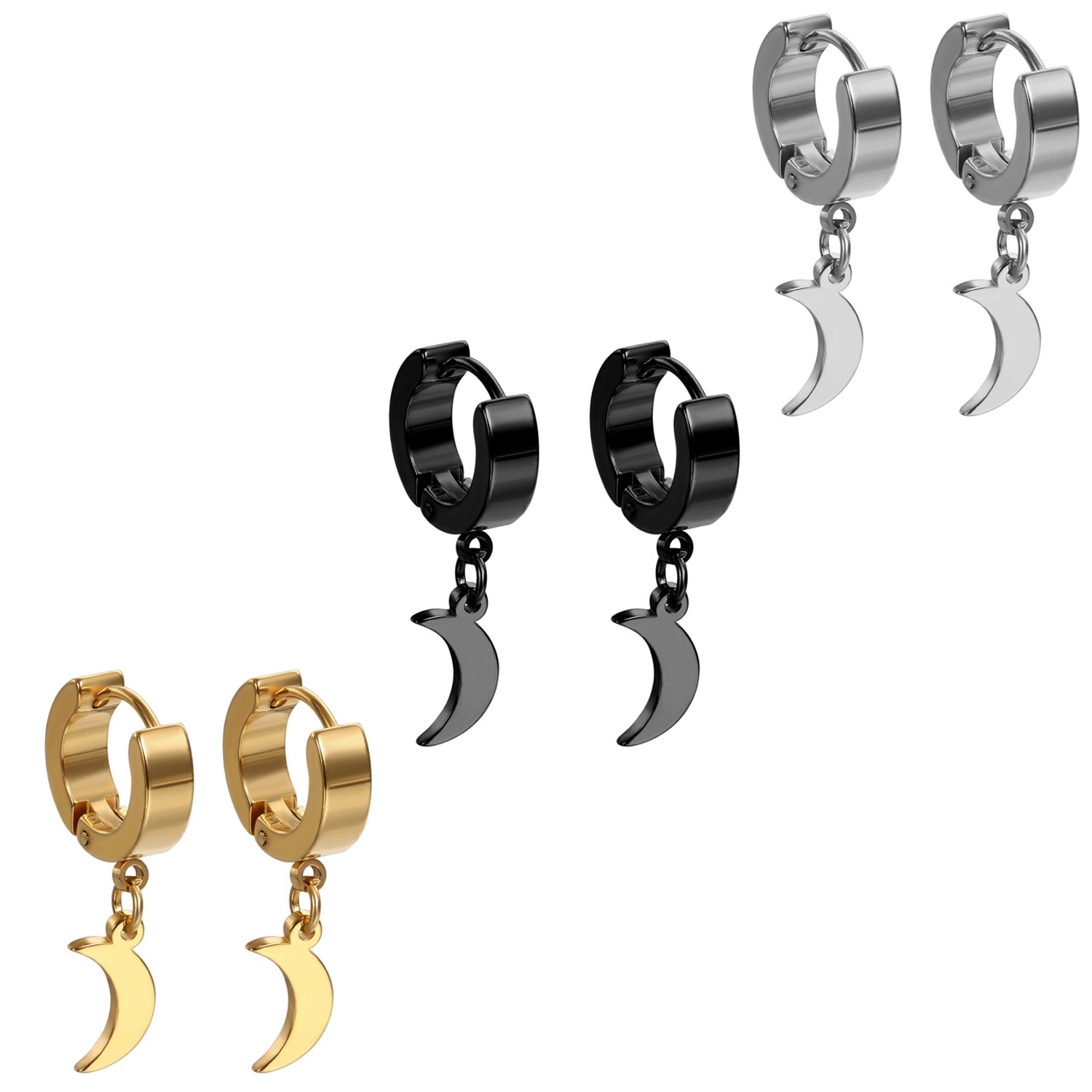 Aretes de aro colgantes de acero inoxidable con luna negra para hombres y mujeres, Acero inoxidable, No es una piedra preciosa 4
