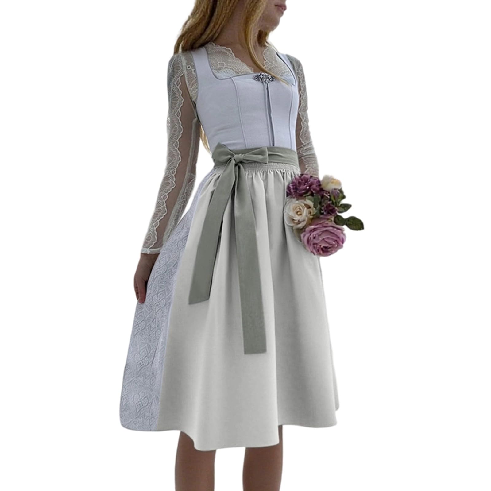 Dirndl Damen 3-teilig – Hellblaues Trachtenkleid Mit Besticktem Rock, Inkl. Bluse & Schürze, Für Oktoberfest & Feste