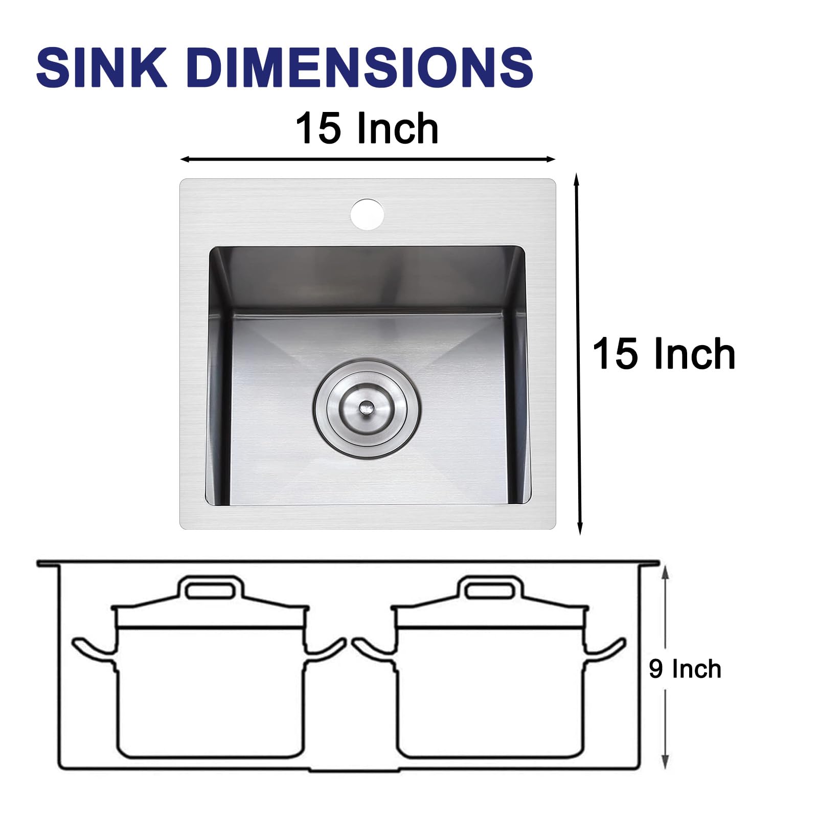 VAPSINT 38,1 x 38,1 cm Drop-In Bar Spüle, Topmount Einzelschüssel, handgefertigt, 16 Gauge, Edelstahl, kleine Küchenspüle für Nassbar, Vorbereitung von Wohnmobil, Outdoor, mit Gitter und Abflusssieb