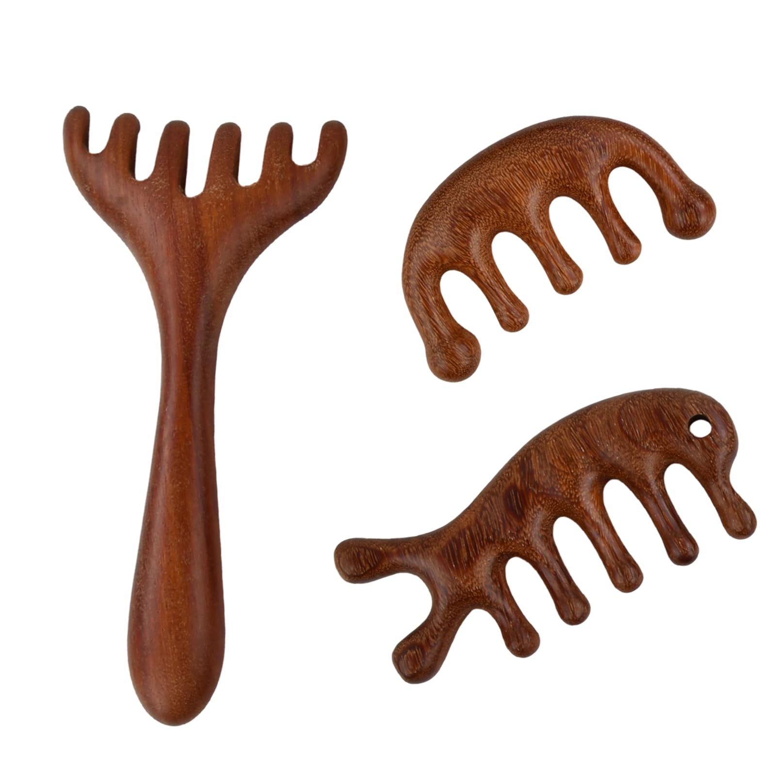 Set de 3 Peine de Madera para Masaje del Cuero Cabelludo, Comb Gua Sha para Masajeador, Peina de Dientes Anchos de Sándalo para Ojos Rostro Cuello y Espalda para Antiestrés Meridiano Relajación