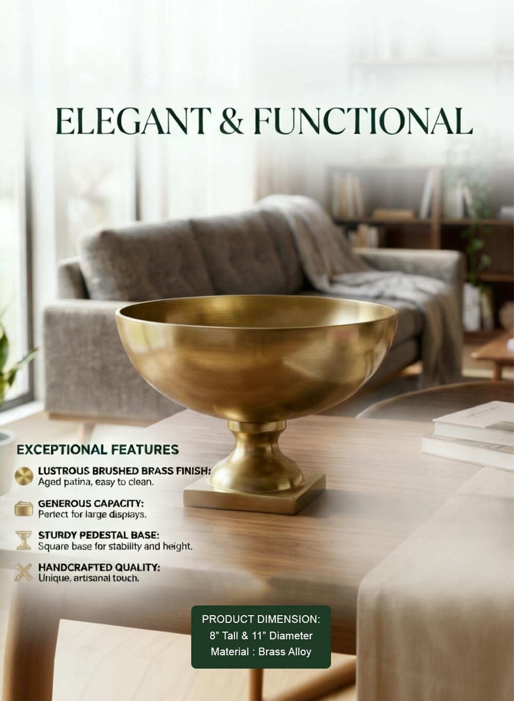 Serene Spaces Living Antique Brass Pedestal Bowl, Vintage Wedding Centerpiece, Fruit, Treats Holder, Flower Vase for Dining Table, Entry Way, Console Table, Holiday Decor (Extra Large - Pack of 1)