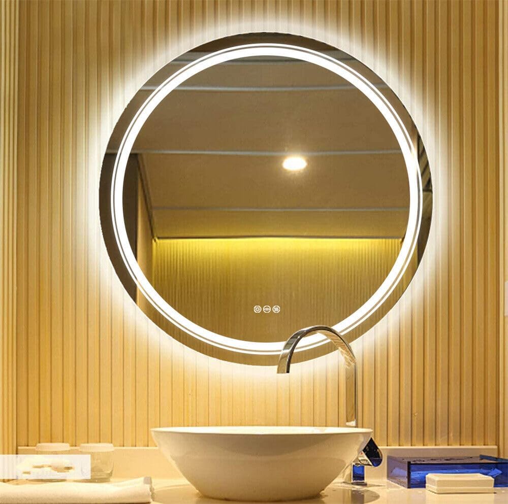 led mirror round design stylish glass for bathroom mirror with 3 color light wall mounted mirror with front light and makeup mirror with touch sensor and shape (18x18) inch.