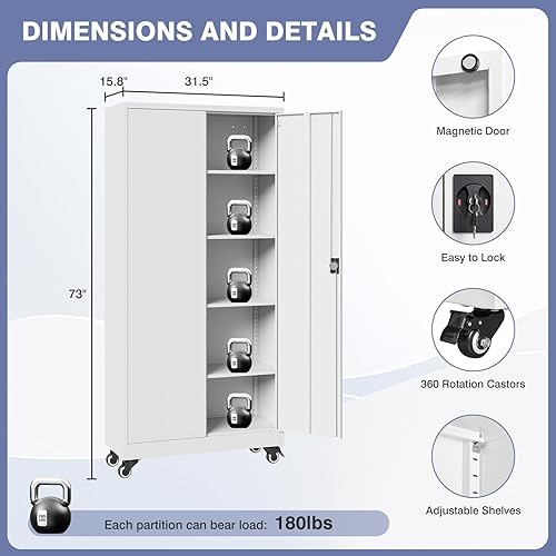 Vista 87 de Gabinete de metal de 72 pulgadas, armario de almacenamiento con bloqueo con 2 puertas y 5 estantes ajustables, gabinete de herramientas de acero