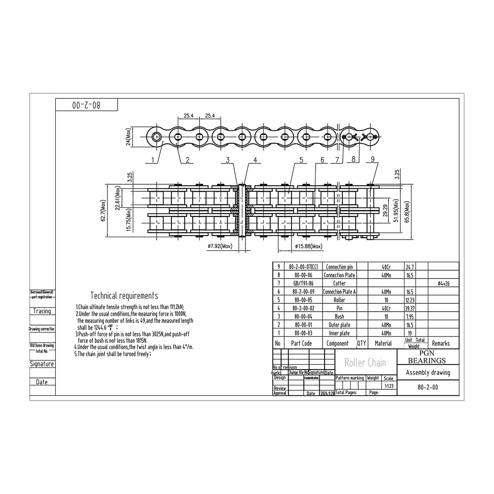 PGN #80-2 Duplex Double Strand Roller Chain x 10 feet + 2 Connecting Links
