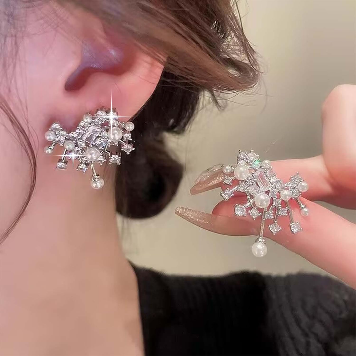 Vintage Pearl Crystal Cluster Earrings Silver Rhinestone Stud Earrings Tiny Cz Pearl Earrings Wedding Crystal Earrings Jewelry for Women - Image 2