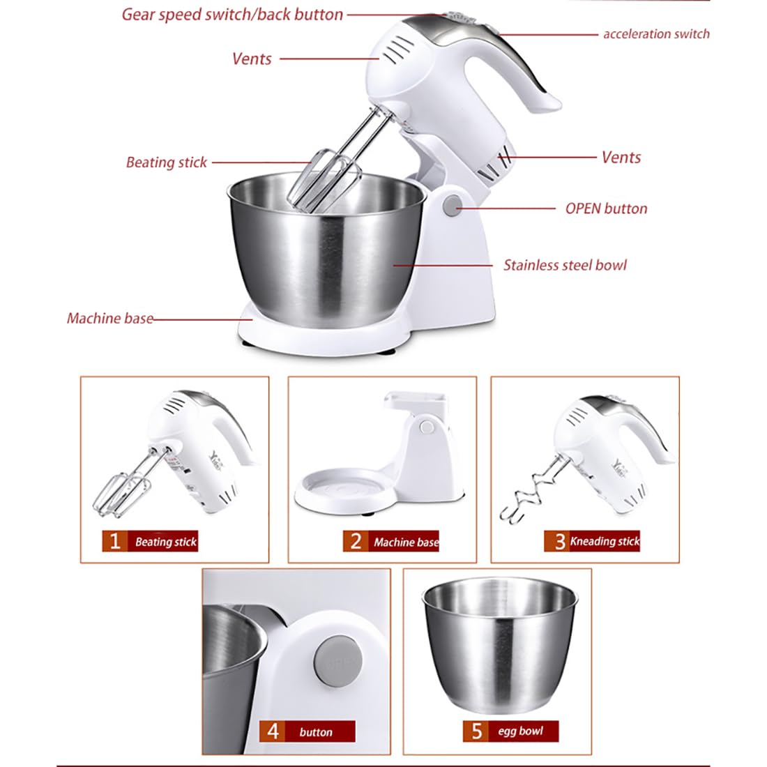 Batidora De Pie para Hornear, Batidora De Pie Eléctrica para Hornear, Batidora De Masa con Recipiente De 3 litros, Gancho para Masa, Batidor, Patas Antideslizantes, 5 Velocidades White