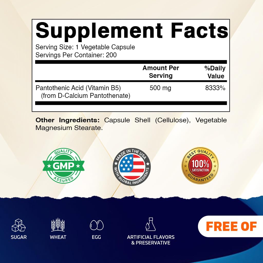 Vitamatic Pantothenic Acid (Vitamin B5) 500 mg, 200 Vegetarian Capsules — Amazon image 2
