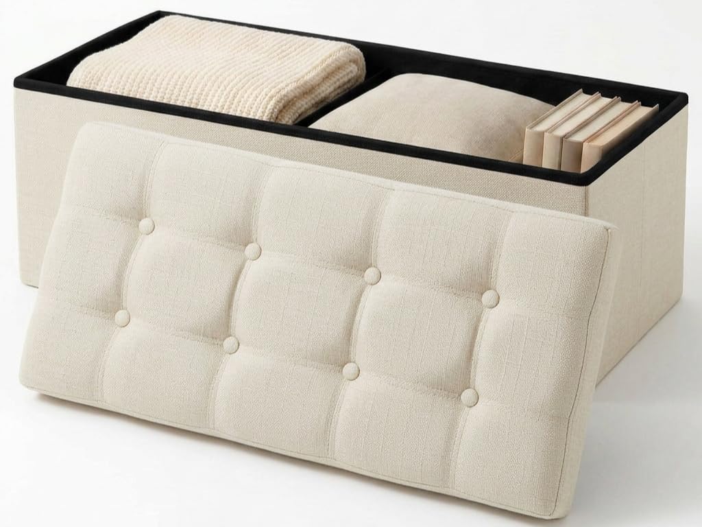 edihome, Puff Almacenaje Plegable, (38 x 76 x 38cm), Baul, Otomana con Tapa – Banco de Tela Organizador y Asiento para Dormitorio y Pie de Cama (Beige Tostado, 38 x 76 x 38 cm) — view 10