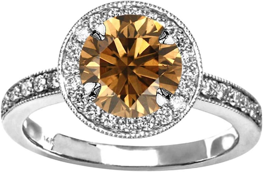 1.1 Carat t.w 14K White Gold Halo Style Vintage Diamond Engagement Ring With Milgrain w/a 0.75 Carat Round Cut Brown Diamond Heirloom Quality