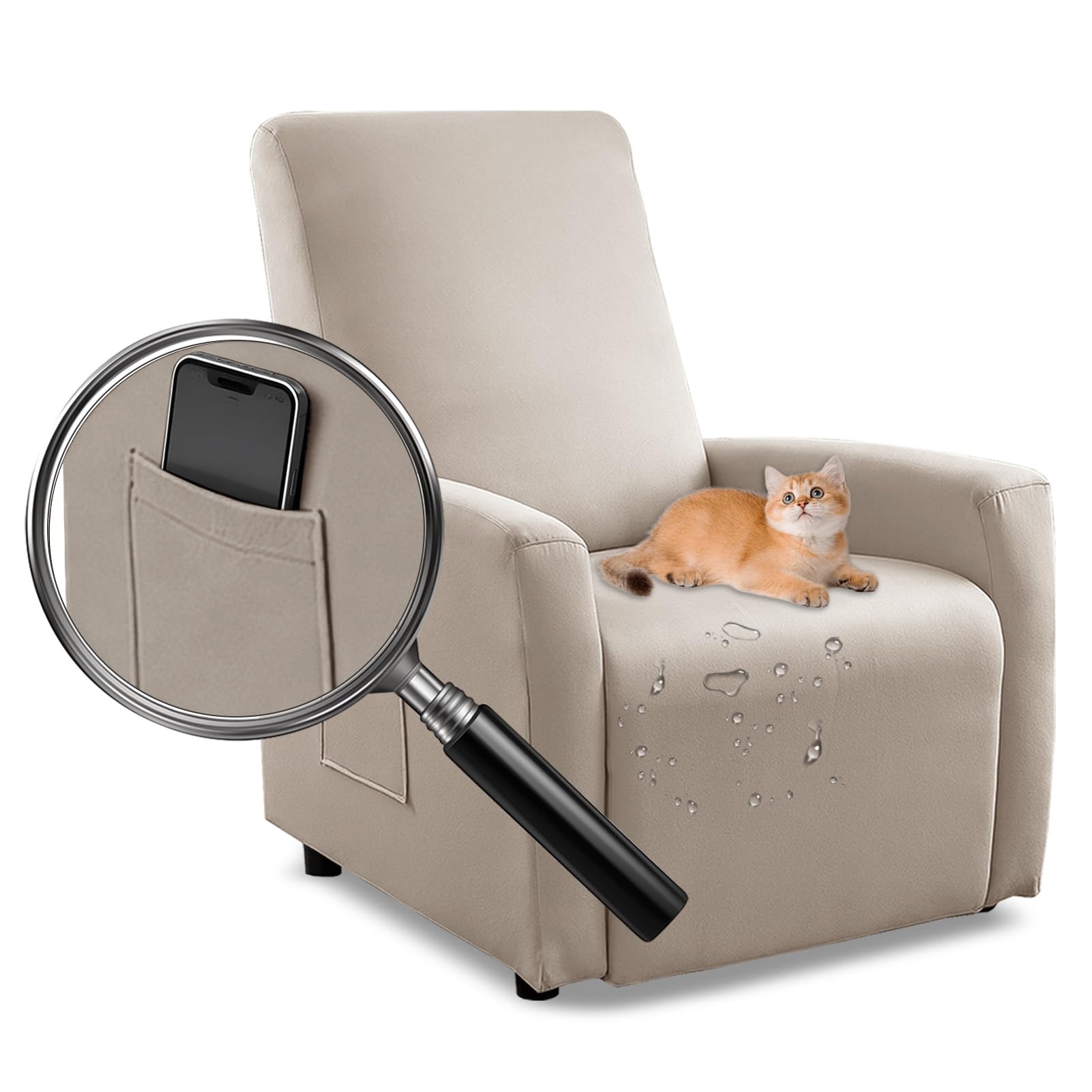 MeYuxg Copri Poltrona Relax Reclinabile a 1 Posto, Elasticizzato Copripoltrona Relax Reclinabile con Tasche, Impermeabile Copri Poltrona Totale, per Poltronas Relaxs e TV(Moka Chiaro, 4 Pezzi)