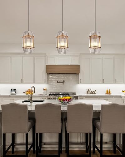 Miniatura 5 de Paquete de 3 luces colgantes colgantes para isla de cocina, moderna lámpara de cristal de metal dorado para cocina, comedor, vestíbulo, pasillo,