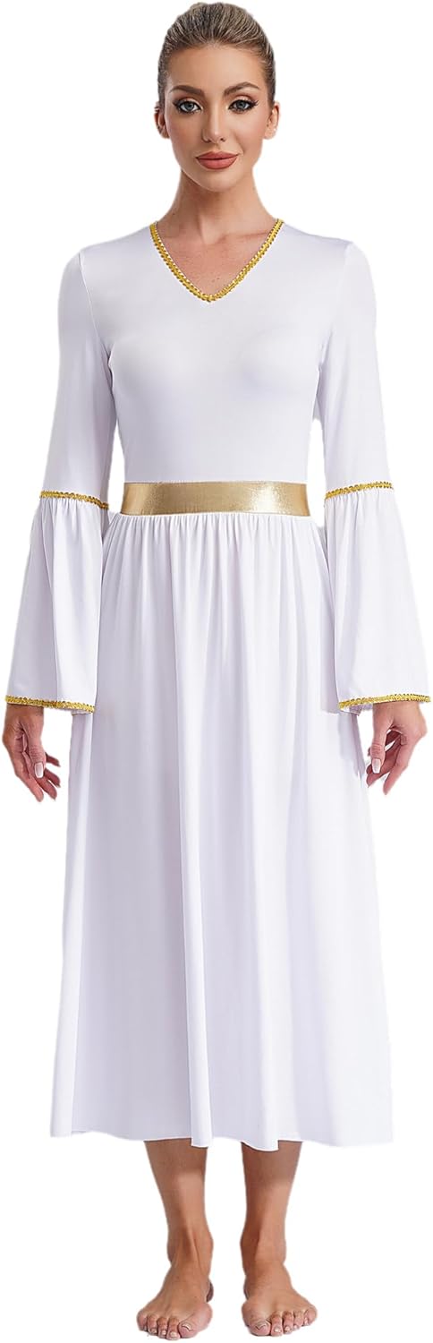Alvivi Women's Angel Dress Costume Gold Trim Long Sleeve Tunic Dress Gown Worship Praise Dance Dresses
