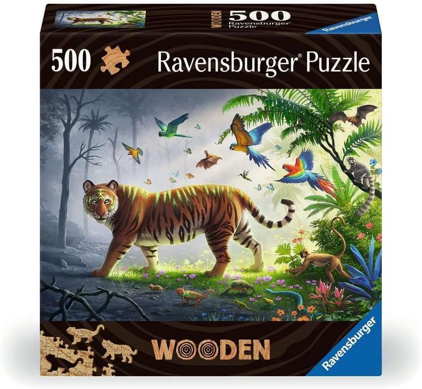 Jungle Tiger 500-Piece Vibrant Wooden Jigsaw Puzzle | Stress-Reducing Fun | Eco-Friendly Materials | Whimsical Pieces