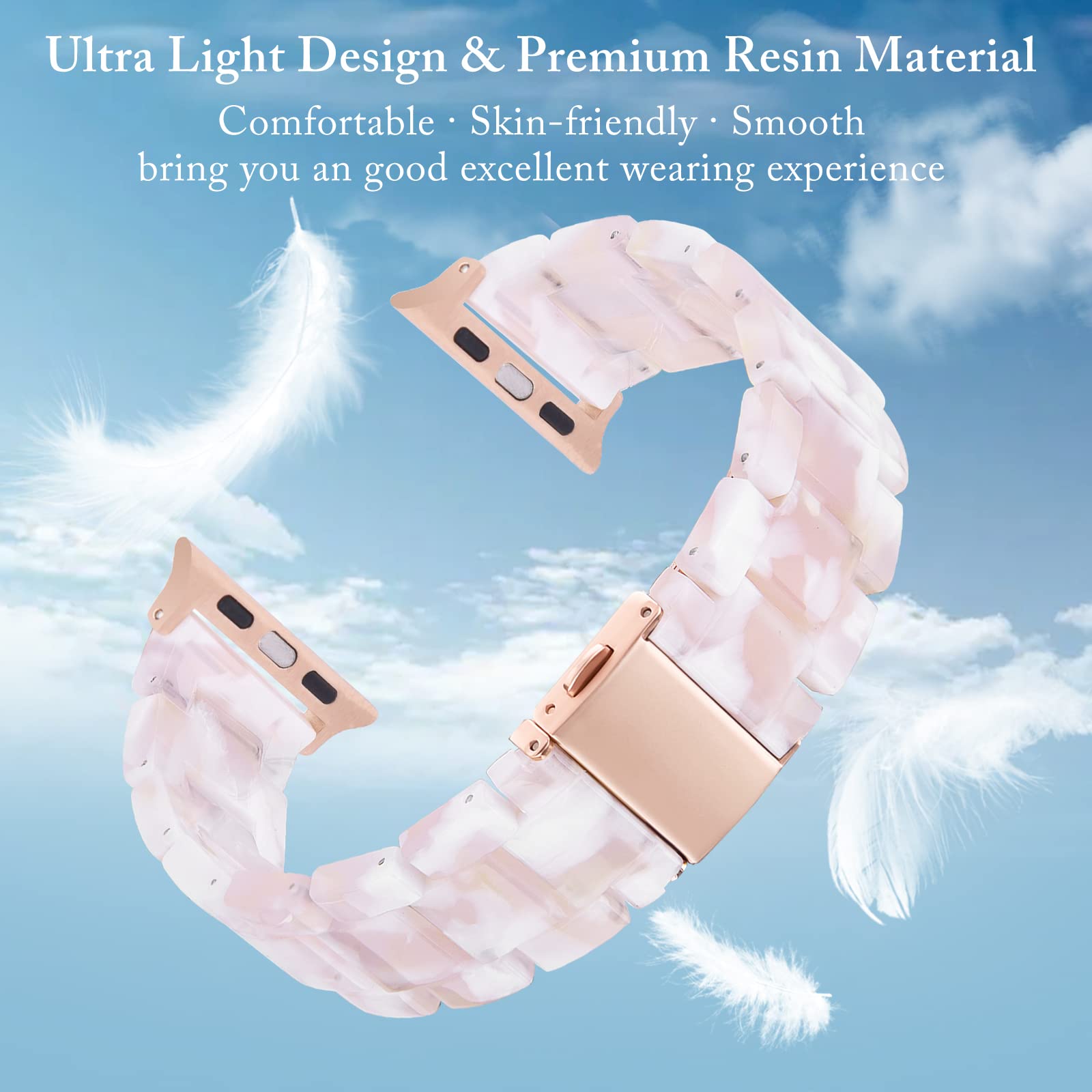 V.R.HOPE Resin Watch Band Compatible with Apple Watch Band for Women 42mm 44mm 45mm Tortoise Metal Buckle Wristband Bracelet Strap for iWatch Series 10 9 8 7 6 5 4 3 2 1 SE (Floral Pink)