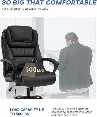 Miniatura 3 de Silla de oficina en casa grande y alta, silla ejecutiva de 500 libras, silla ergonómica de cuero de respaldo alto con soporte lumbar, reposacabezas