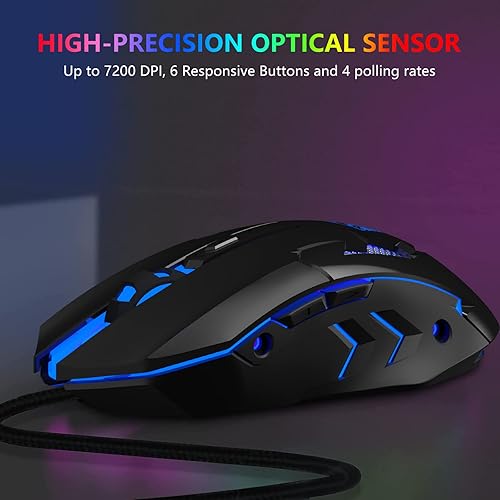 Miniatura 6 de FUWANG Ratón para juegos con cable, mouse USB para computadora con retroiluminación RGB, sensor óptico de 7200 DPI, mouse ergonómico para gamer con