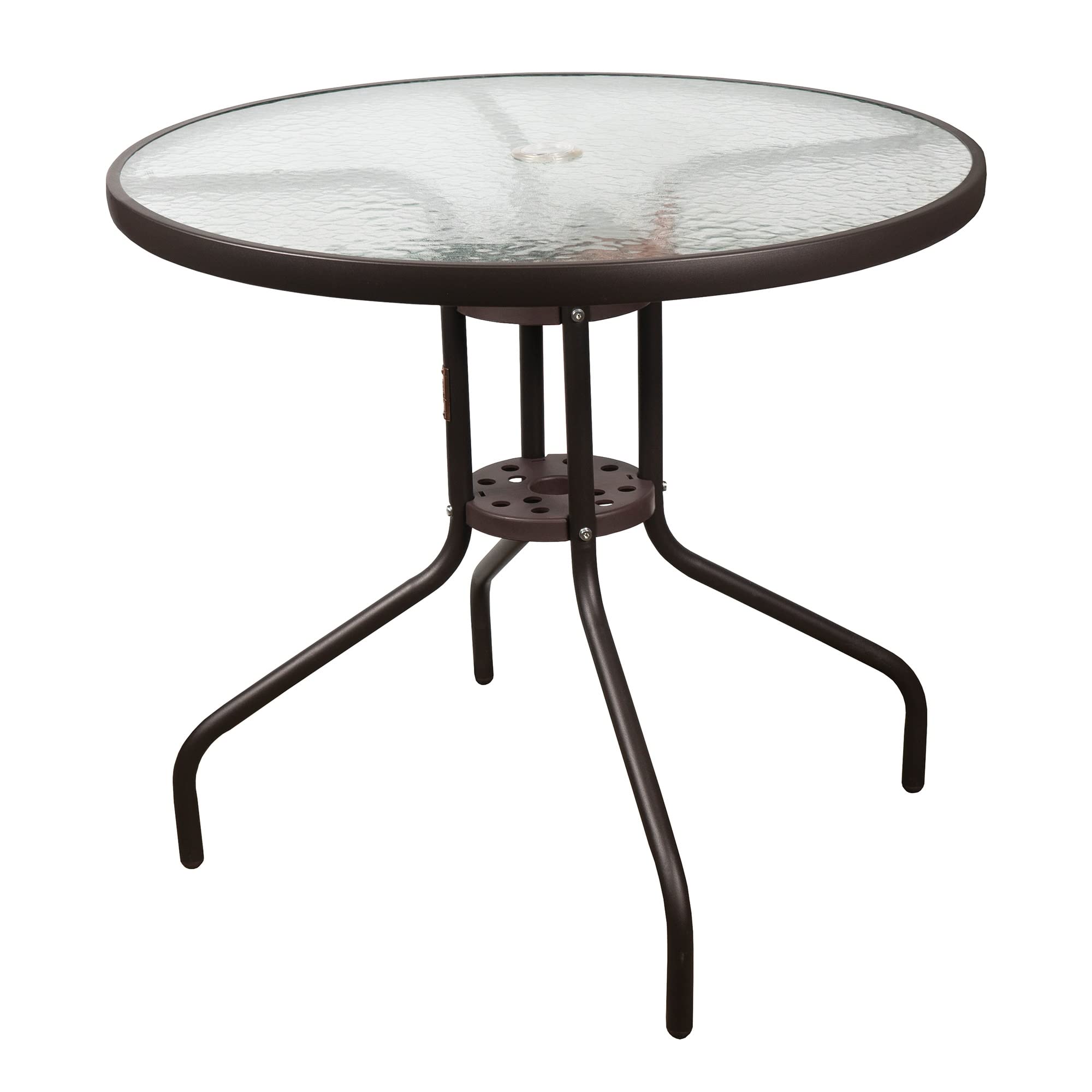 Muebles de patio al aire libre, mesa de comedor redonda, base de acero y borde con parte superior de vidrio ondulado, marrón, 31.5 pulgadas