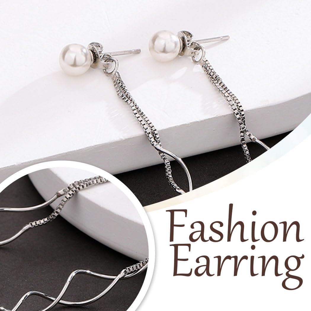 Campsis Pearl Dangle Earrings for Women, Silver Long Chain Tassel Earrings for Women - Image 4
