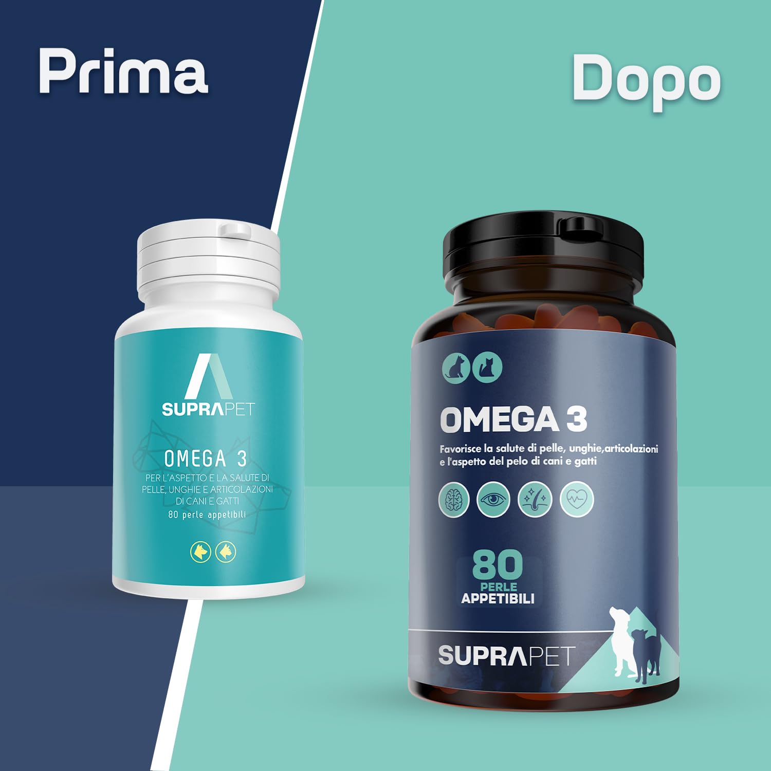 Suprapet Omega 3 per Cani e Gatti Olio di Pesce, EPA, DHA e Vitamina E 80 Perle. Mangime Complementare Naturale per Pelo e Articolazioni (80 unità (Confezione da 1))