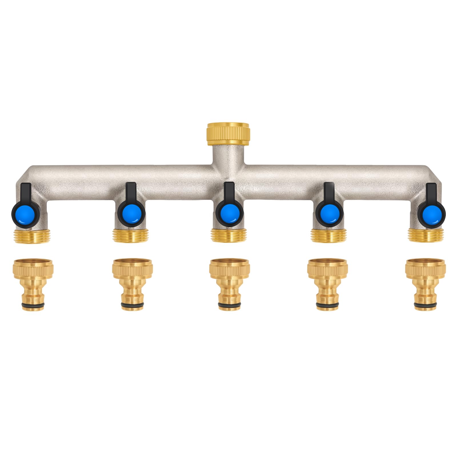 Distribuidor de agua de latón de 5 vías para 5 dispositivos/mangueras de jardín, distribuidor de 5 unidades, adaptador de 3/4 pulgadas, con válvula de bola para ajustar y cerrar el flujo de agua