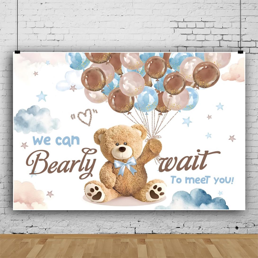 Leowefowa 8x6FT Wait Bear Baby Photography Backdrop Cute Baby Shower Blue Brown Balloon Background for Boy We can Bearly Wait Lovely Cloud Star Baby