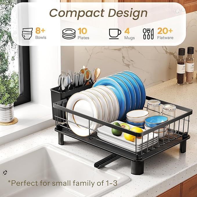 Image of Favria Dish Drying Rack - Space-Saving Small Dish Rack for Kitchen Counter, Anti Rust Kitchen Drying Rack, Compact Dish Drainer Organizer with Utensils Holder (38 x 28 x 15 cm) (Medium Black)