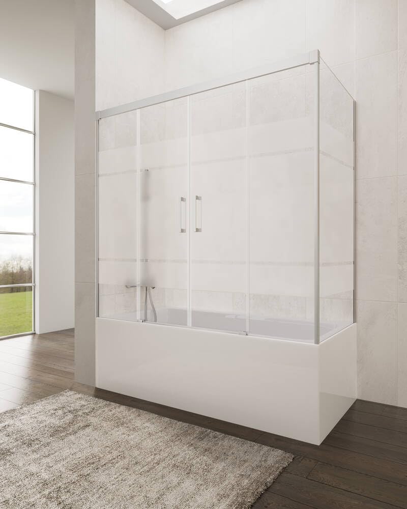 IMEX wanna prysznicowa 180 cm 2 drzwi przesuwne + 70 cm panel boczny stały chrom | Odwracalna szklana przegroda z sitodruku 6 mm o regulowanej szerokości i wysokości 150 cm