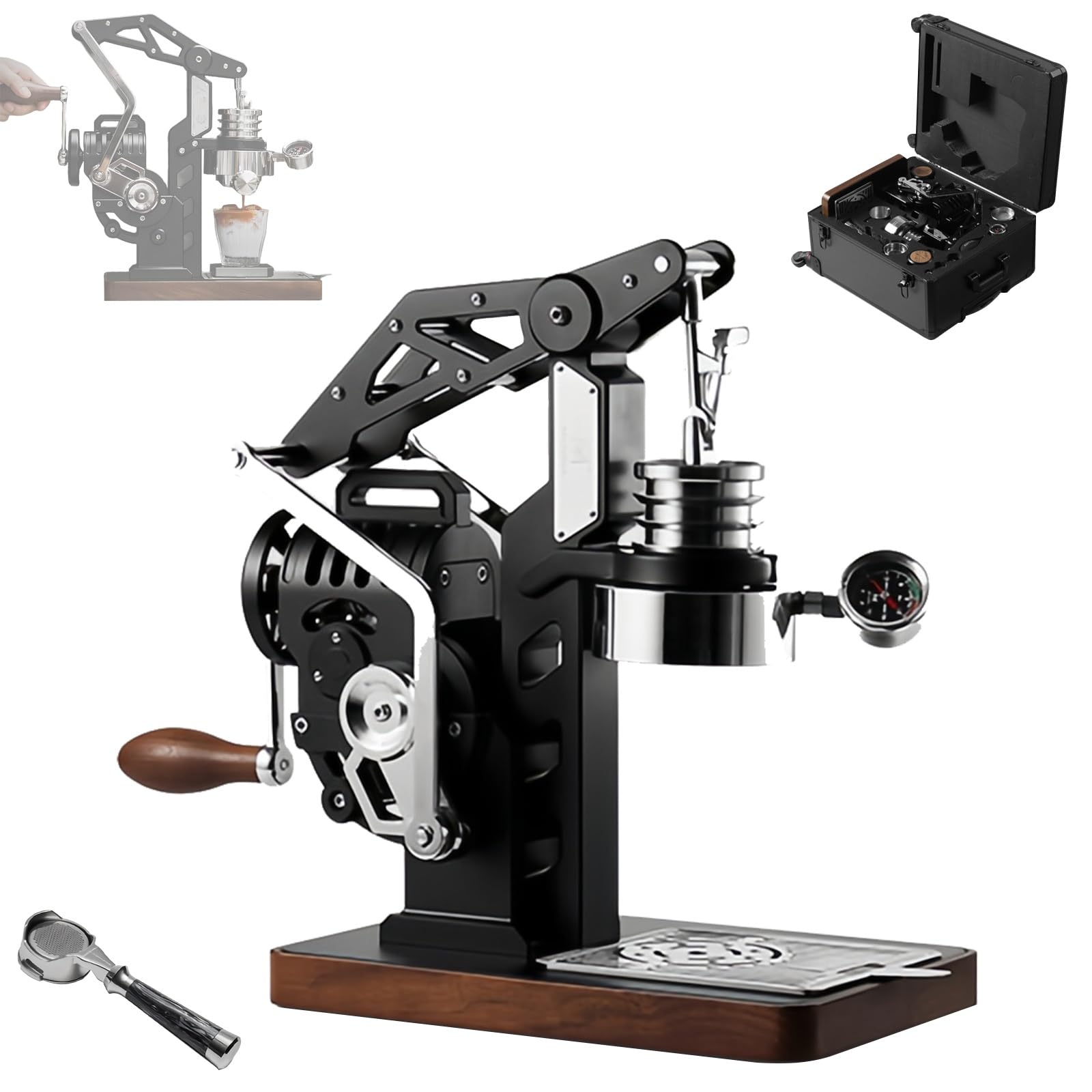 XNZJHPP 18 Bar Hand Cranked Espresso Machine - Mechanical Coffee Maker with Pressure Gauge & Adjustable Pressure for Home and Commercial Brewing (With suitcase)