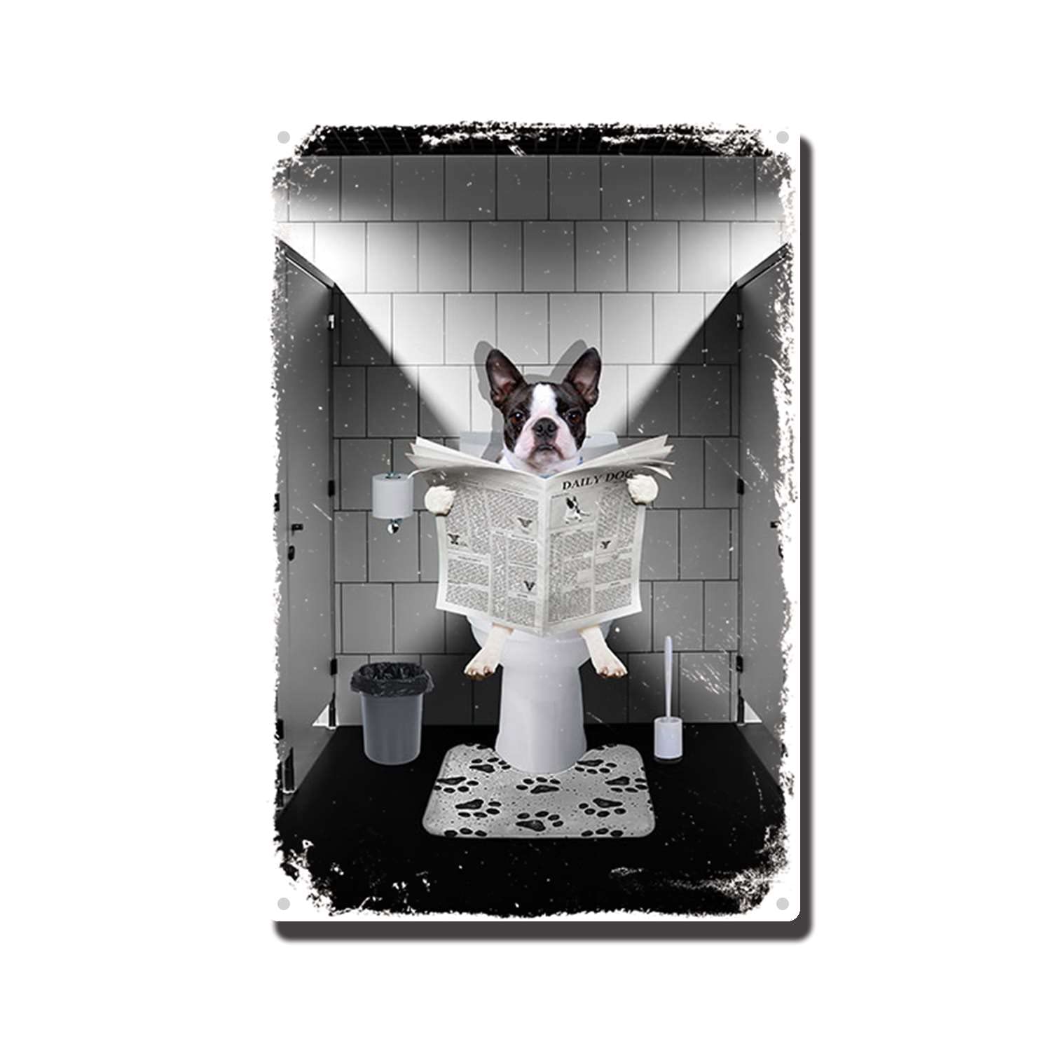 THUANCKY Metal Sign Boston Terrier Reading The Newspaper On Toilet Room Man Cave Art Decorations Metal Sign Wall Decor Tin Signs 8x12inch Tin Sign