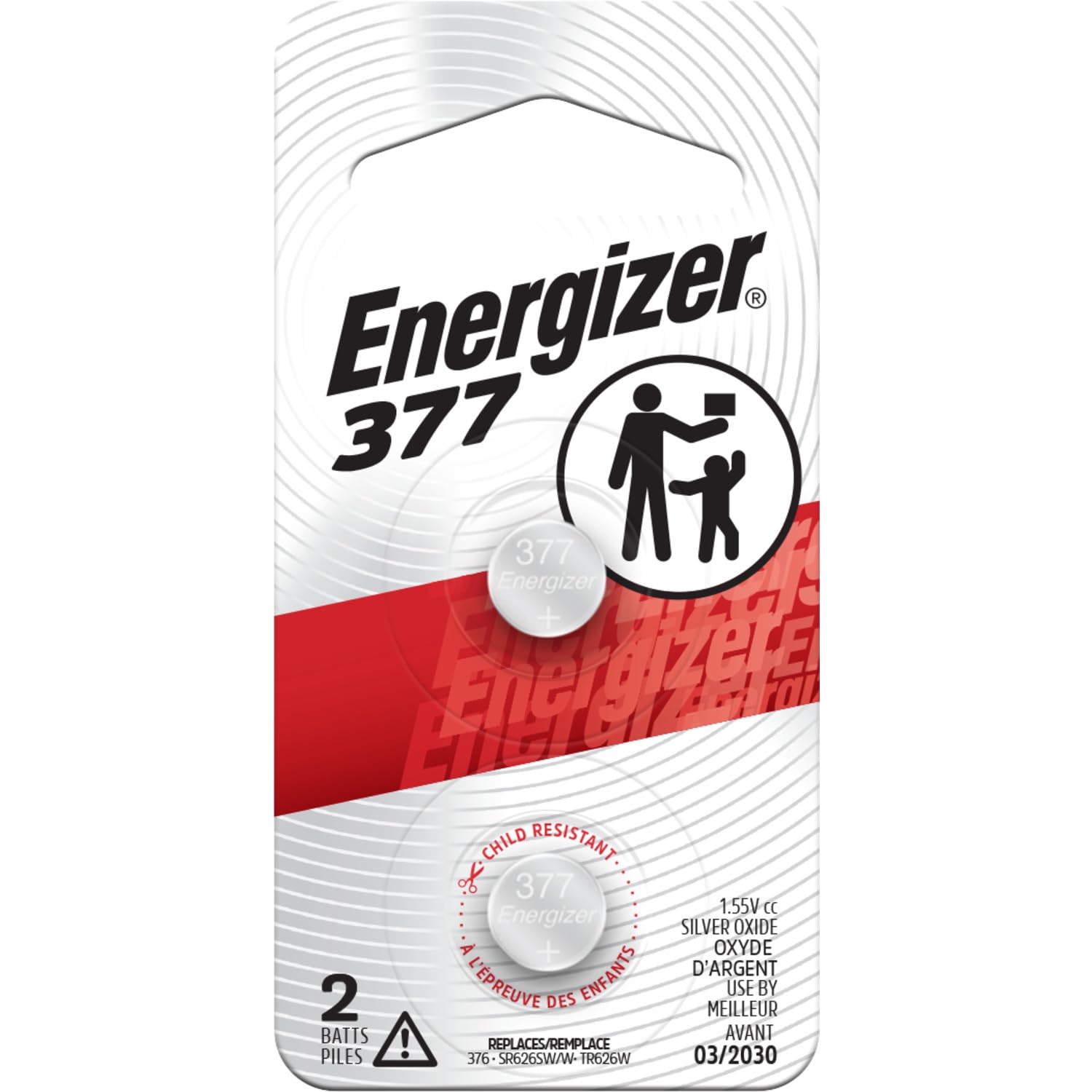 Energizer 377 Silver Oxide Button Battery, 2 Pack