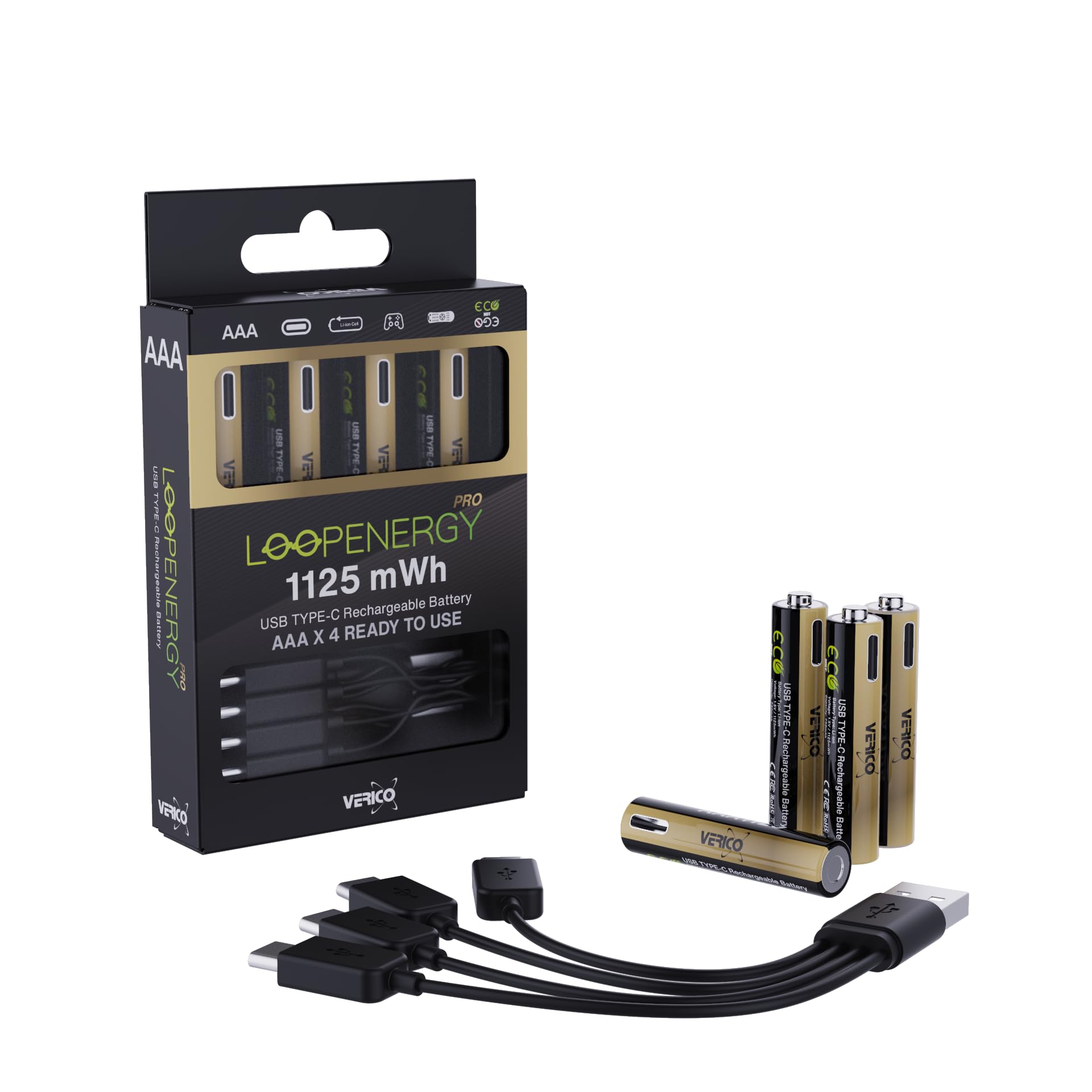VERICO LoopEnergy Pro AAA 1125 Batería recargable USB-C AAA 1,5 V 1125 mWh (750 mAh) Li-ion, 4 unidades, carga rápida vía USB-C conexión en aprox. 2 h, 4 unidades, 1 cable USB -A a 4 x USB-C