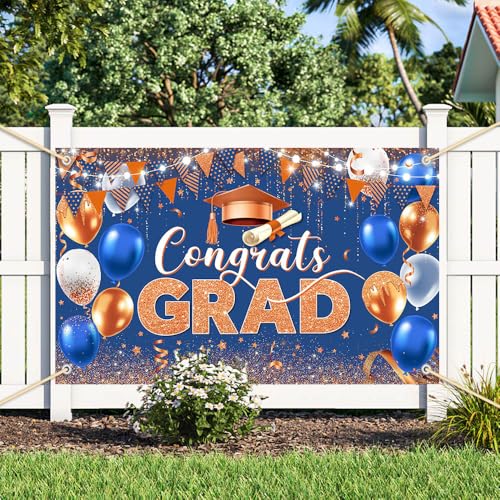 Image of AIBIIN 8x6ft Congrats Grad Backdrop Blue Orange Gold Glitter Balloons Congratulations Graduation Party Decorations Background for Photography Graduation Decorations 2026 Party Supplies