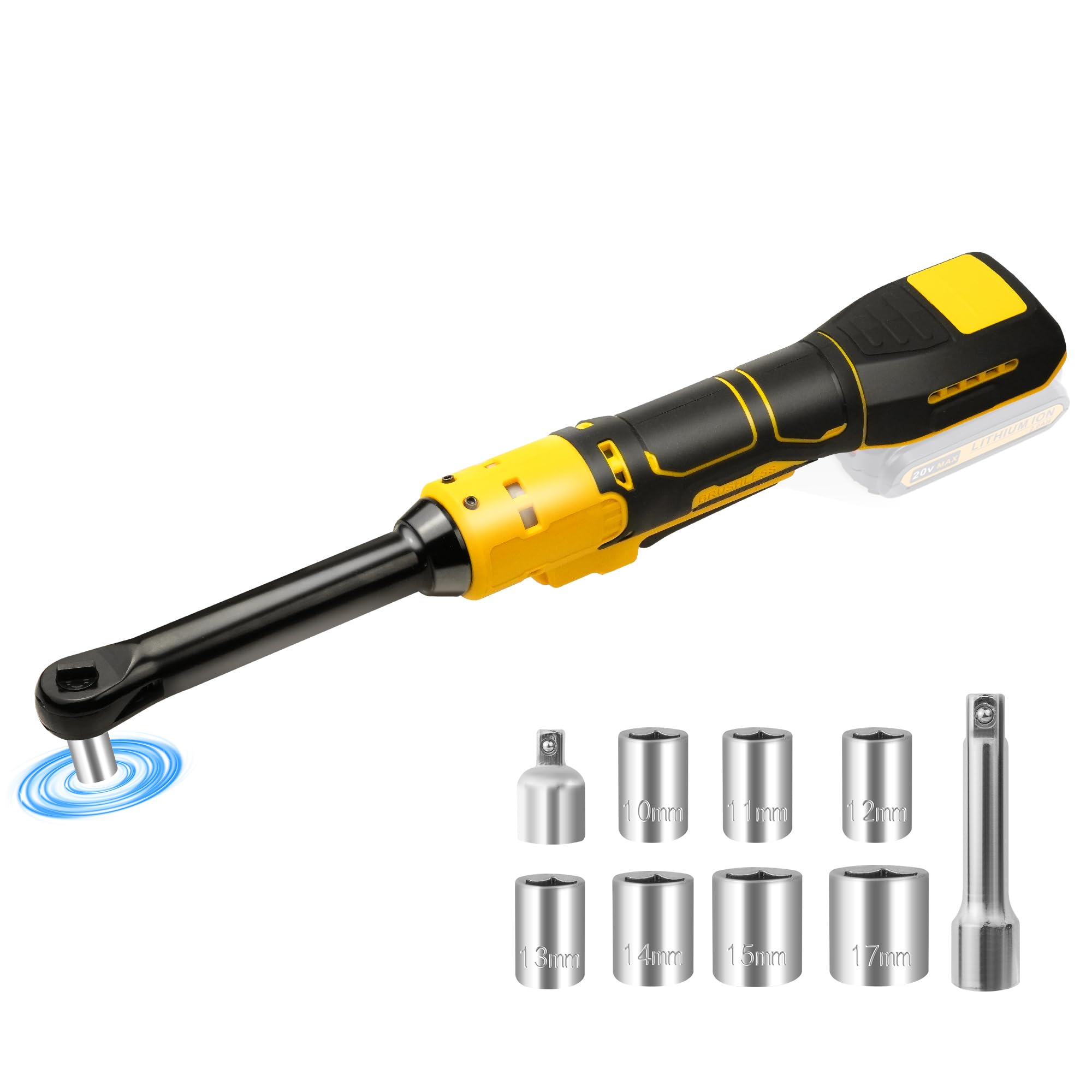 3/8" Extended Cordless Ratchet Wrench,Compatible with Dewalt 20V Battery,60Ft-Lbs Power Electric Ratchet with 7 Sockets, 3" Extension Bar, 1/4"