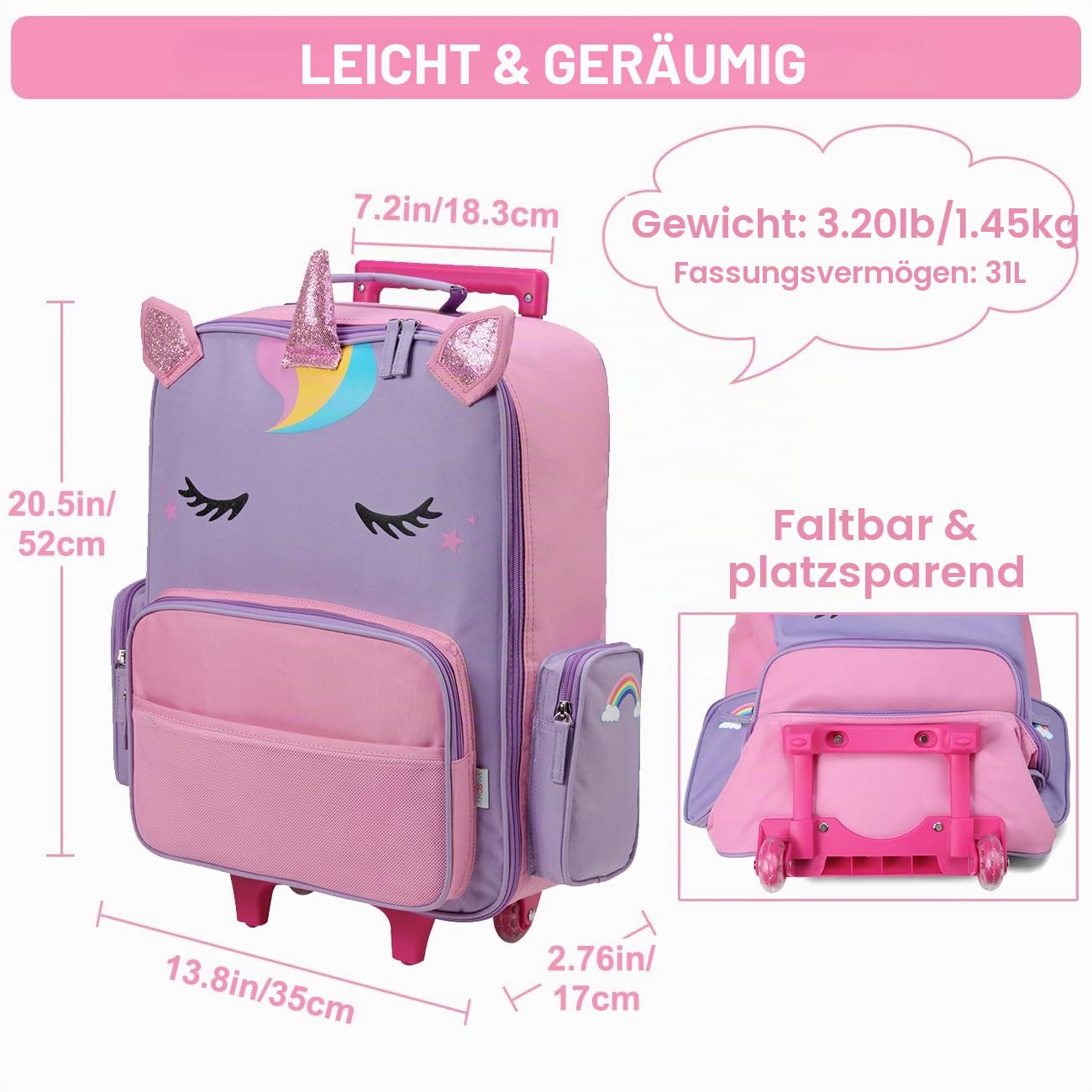 VASCHY Reisekoffer mit 2 Rollen für Kinder 52 x 35 x 17 cm, 31 Liter