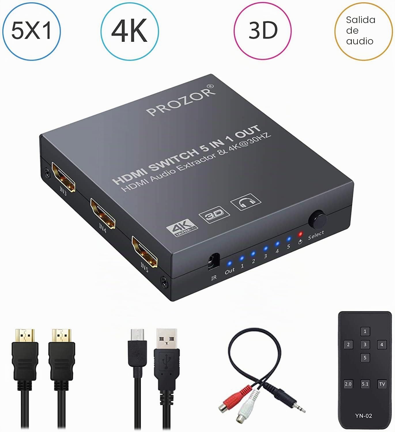 Convertidor 5x1 HDMI Switch Extractor de Audio con Salida Analógica y Óptica Toslink Soporta 4K 3D Incluye Mando y Cables (HDMI y 3.5mm a RCA)